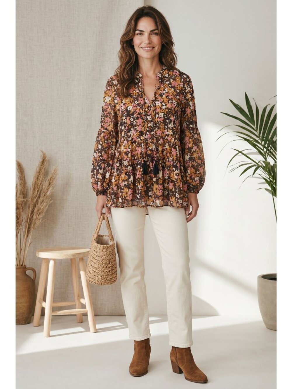 Grace + Karma Women's Large Floral Boho Tiered Blouse Cottagecore Tassel Tie NWT - Picture 4 of 7